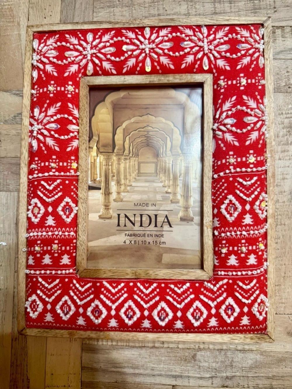 Red Embroidered Photo Frame with Wooden Inner and Outer Border